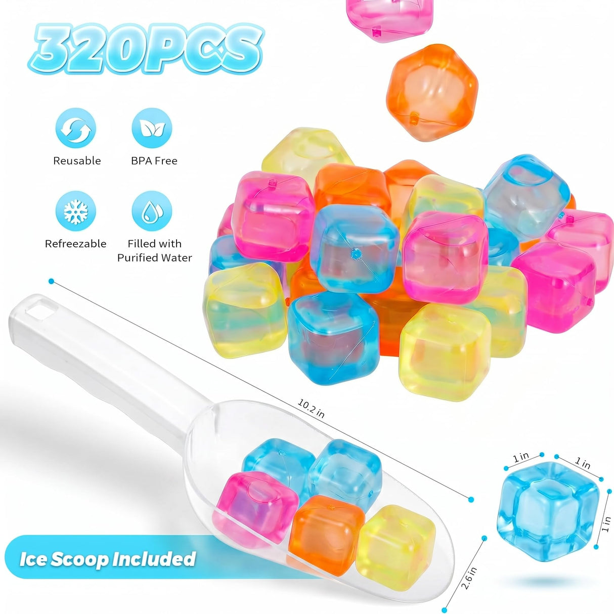 320 Pack Reusable Ice Cubes with Scoop, BPA‑Free Refreezable Plastic Ice Cubes, Non‑Diluting Washable Ice Cubes for Whiskey Coffee Cocktails Party Bar Camping（Square, Multicolor）