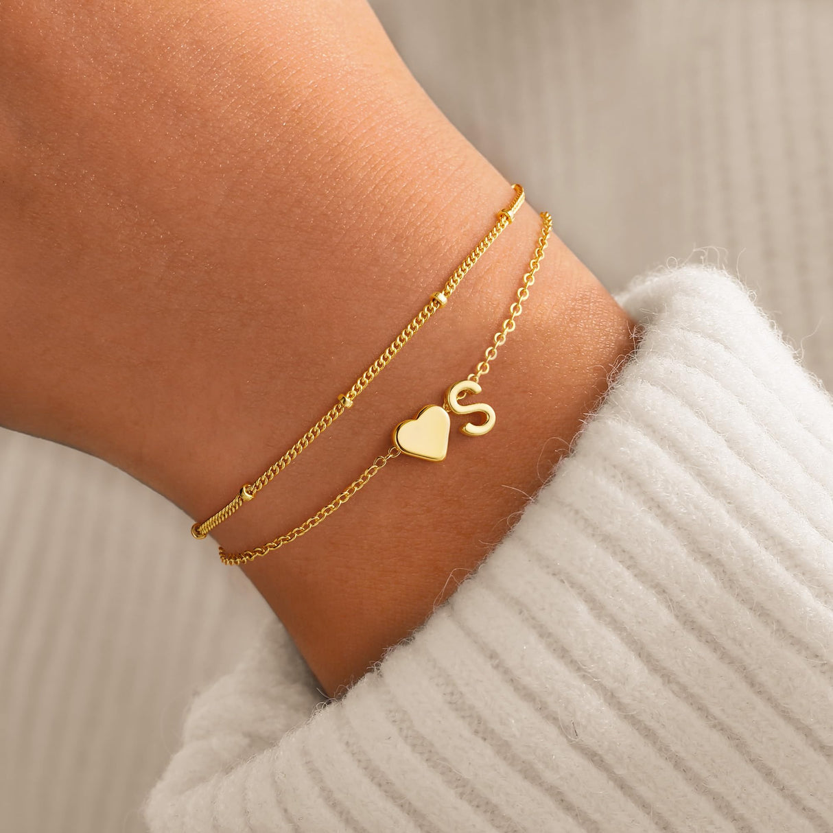 M MOOHAM Bracelets for Women - Dainty 14K-Gold-Plated Heart Initial Letter S Bracelets for Women Mom, Personalized Birthday Gifts for Mom Grandma Wife Womens Jewelry