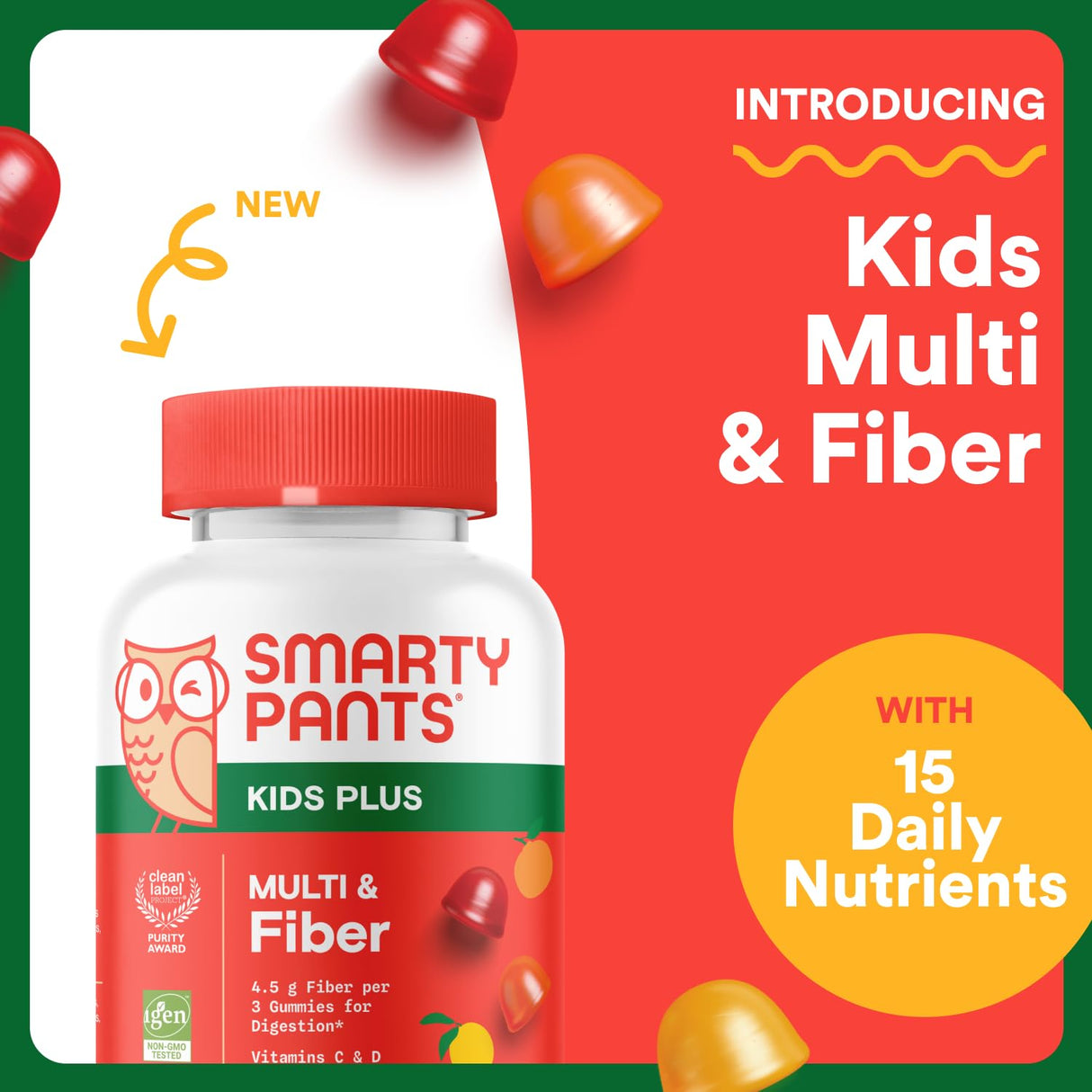 SmartyPants Kids Multivitamin & Fiber Gummies: Prebiotic Fiber to Support Kids Digestion with Vitamin D3, C, Vitamin B12, B6, A, Zinc, Biotin, Folate, Three Fruit Flavors, 90 Count (30 Day Supply)