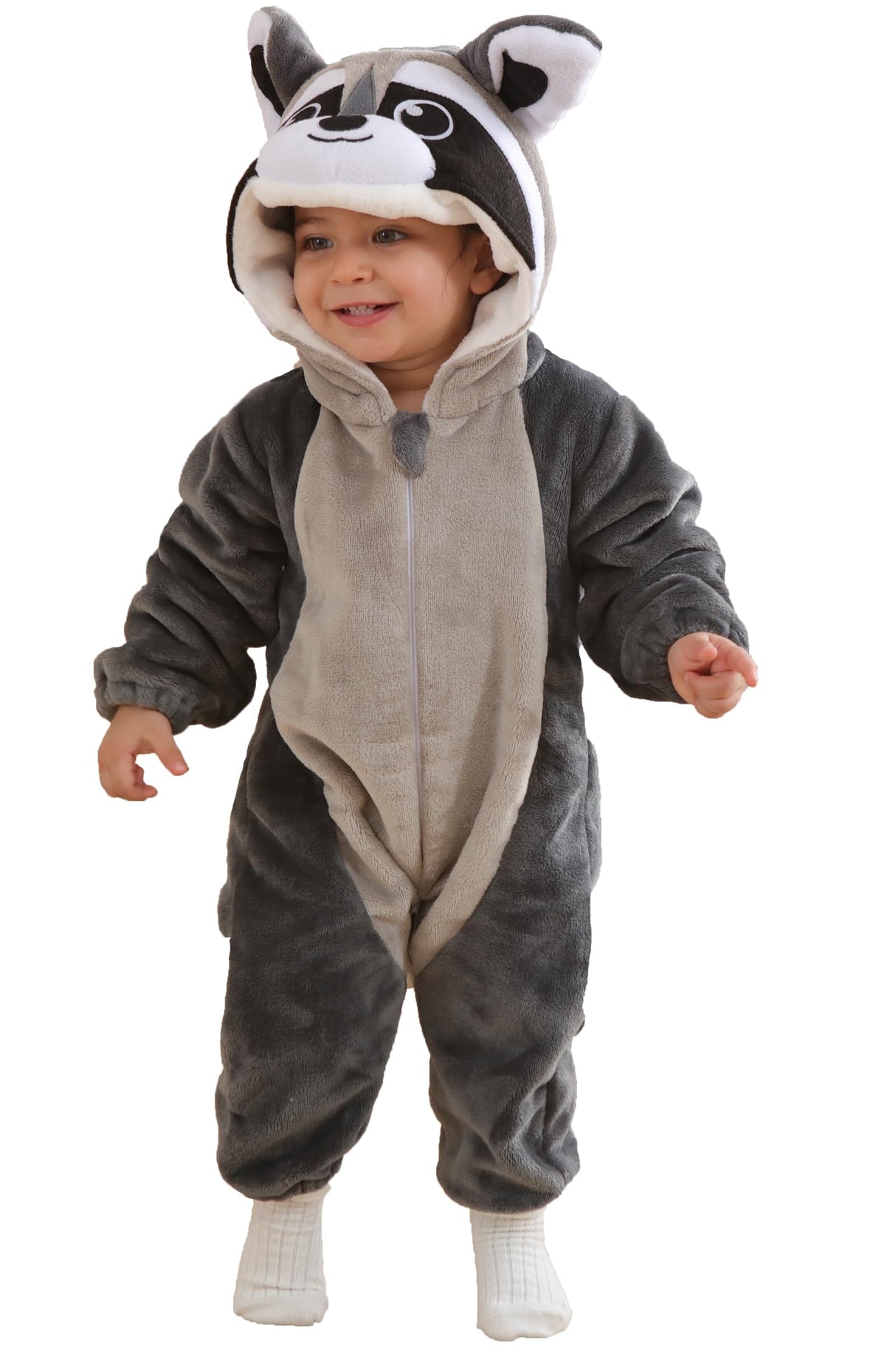 DarkCom Unisex Baby Animal Onesie Toddler Hooded Romper Halloween Cosplay Grey Raccoon Costumes Kids' Christmas Gifts 6-12 Months