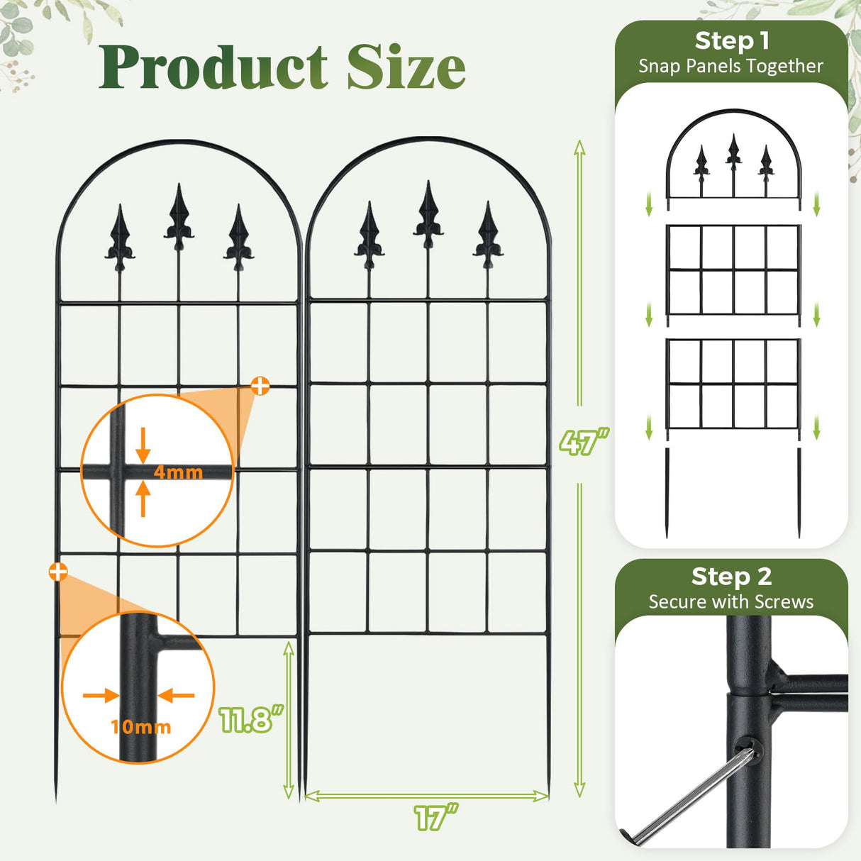 ArdeFentium 2 Pack 47" H x17 W Garden Trellis for Climbing Plants Outdoor - Metal Rustproof Arched Rose Trellis for Outdoor Indoor Roses Potted Vines Cucumbers Clematis Flowers Decorative, Black