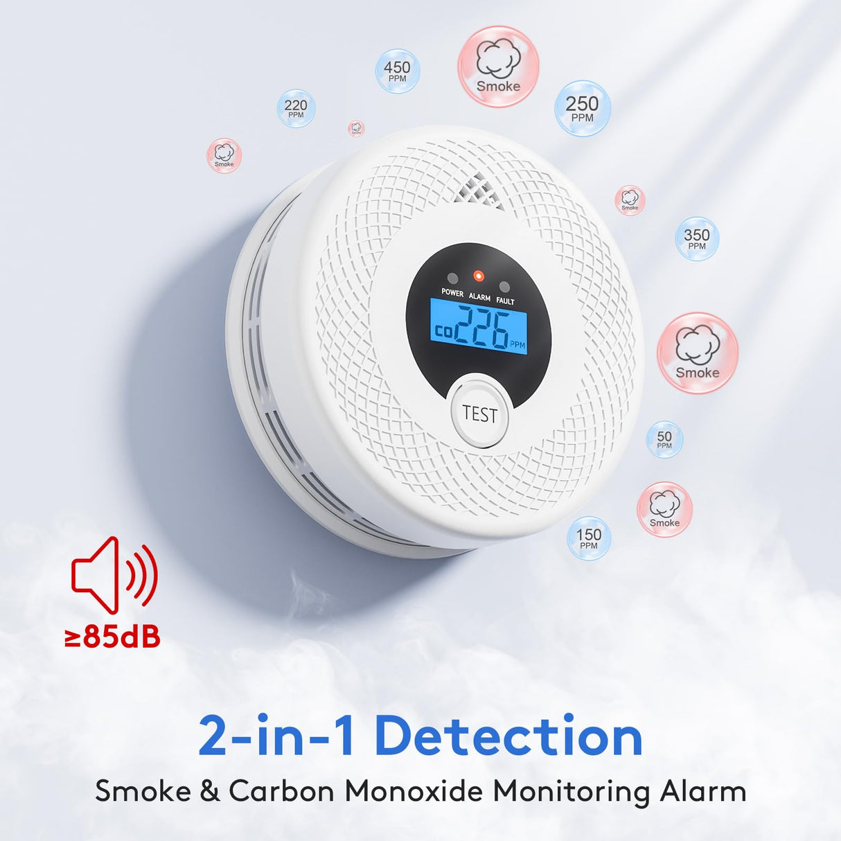 1-Pack Smart Smoke and Carbon Monoxide Detector with App Notifications, Replaceable Battery, Wi-Fi Smoke and CO Detector Combo for Home and Office, Easy Setup
