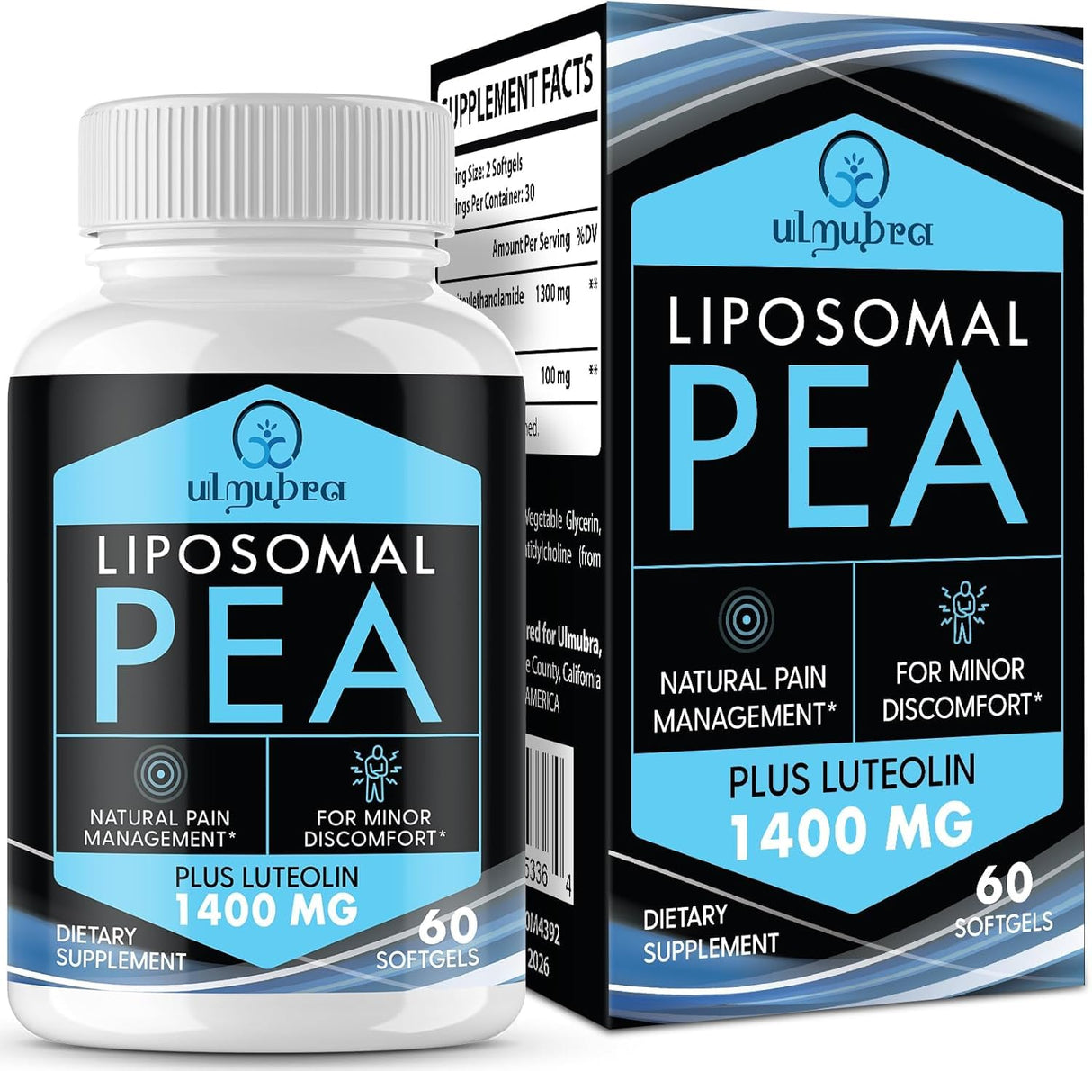 Ulmubra Liposomal Palmitoylethanolamide 1300 MG Plus Luteolin 100 MG, Superior Absorption, Micronized Pea Supplement for Discomfort Management, 60 Softgels