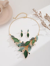 Mycitta Vintage Chunky Statement Jewelry Set 14k Gold Plated Retro Spring Green Leaf Floral Bohemian Boho Bib Necklace Earring Set Fashion Jewelry for Women Wedding Party Prom Unique Gift
