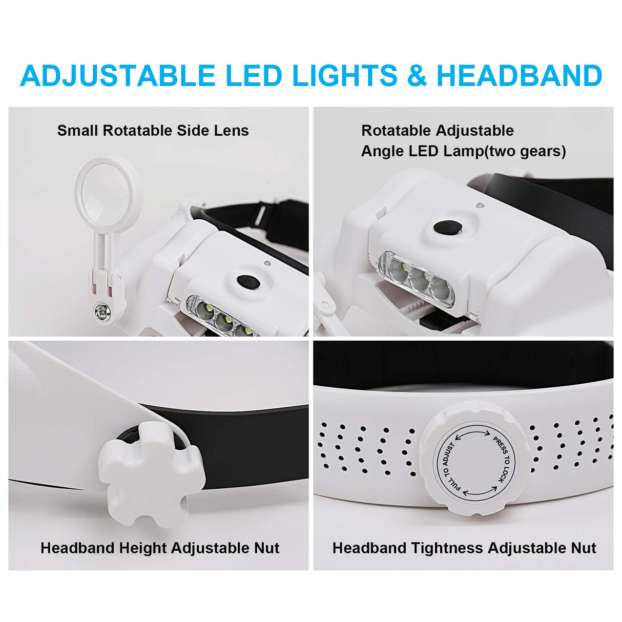 Dilzekui Headband Magnifying Glass with Light, Rechargeable Head Magnifying Glasses 1X to 14X, Magnifier Headset with 6 Detachable Lens, Hands Free Head Mount Magnifier for Close Work Reading Crafts