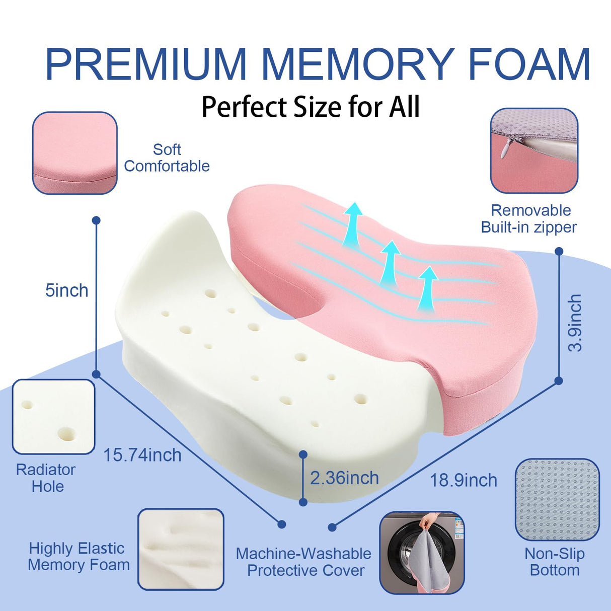 DAPOTUGI X Large Memory Foam Seat Cushion for Office Chair,for Back Support, Relief Sciatica & Tailbone Coccyx Pain Relief Cushion Pillow, for Long Sitting, for Car/Office Chair/Wheelchair (Pink)