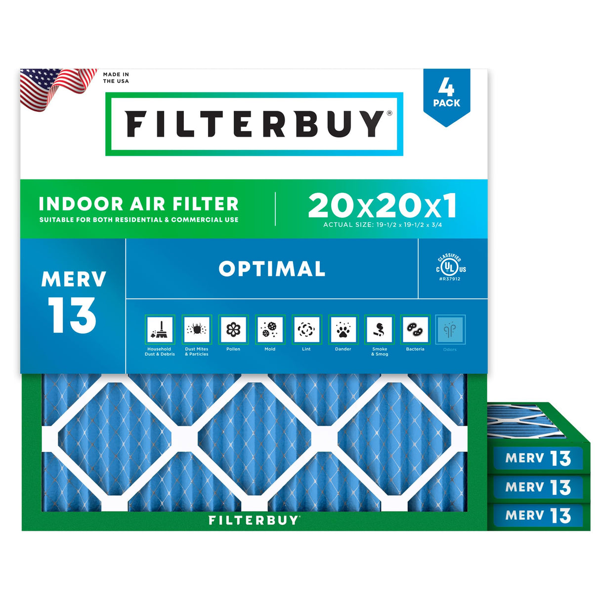 Filterbuy 20x20x1 Air Filter MERV 13 Optimal Smoke & Allergy Defense (4-Pack), Electrostatic Pleated HVAC AC Furnace Filters Replacement (Actual Size: 19.50 x 19.50 x 0.75)