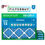 Filterbuy 20x20x1 Air Filter MERV 13 Optimal Smoke & Allergy Defense (4-Pack), Electrostatic Pleated HVAC AC Furnace Filters Replacement (Actual Size: 19.50 x 19.50 x 0.75)