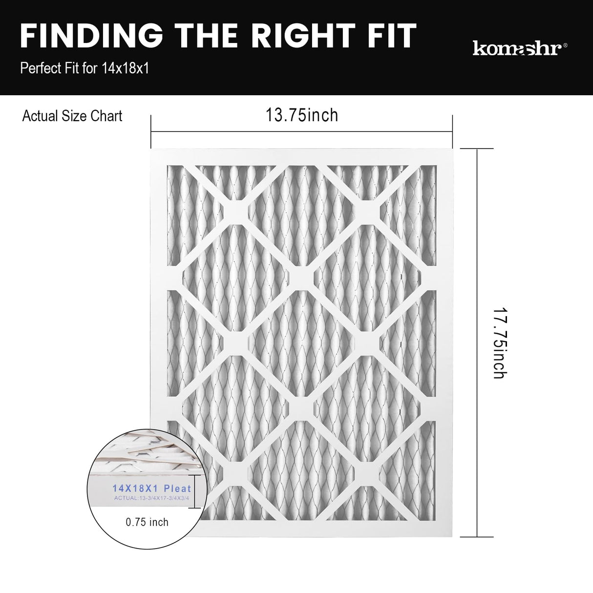 Komashr 14x18x1 Air Filter MERV 8 (2-Pack), HVAC/Furnace AC Filter Replacement, Dust Defense–Comparable with MPR 600 & FPR 5 (Actual 13.75x17.75x0.75)