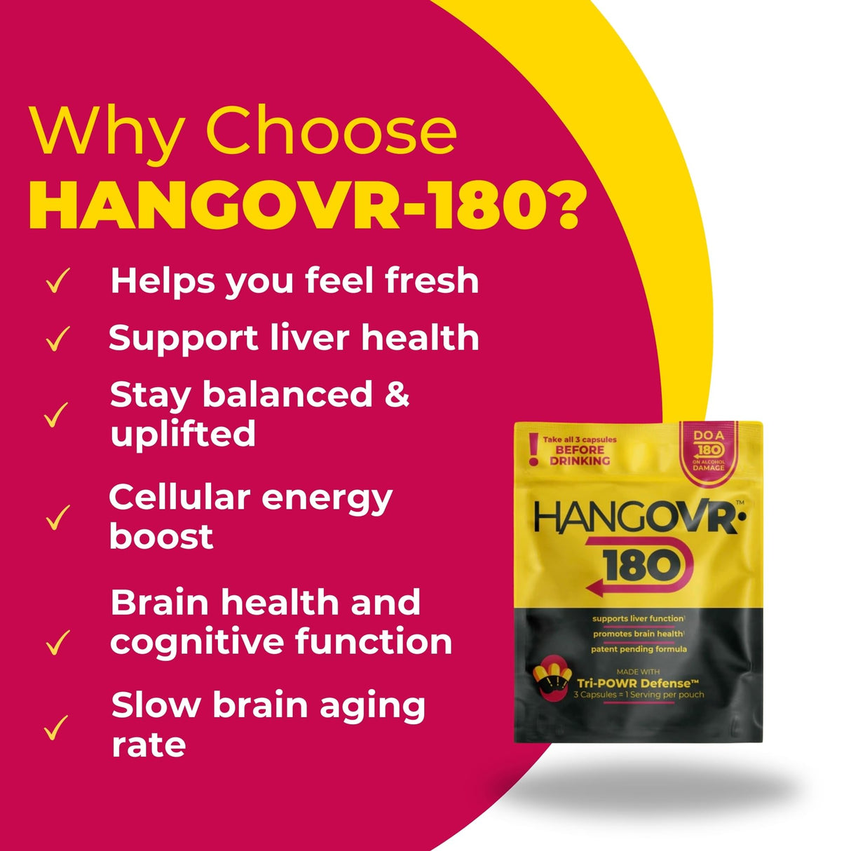 Hangovr 180 Tri-Power Before Drinking Defense 4 Pack - Support Liver & Brain Health, Feel Fresher & Better Energy - - Take Before Drinking for Relief, 3 Capsules per Pouch