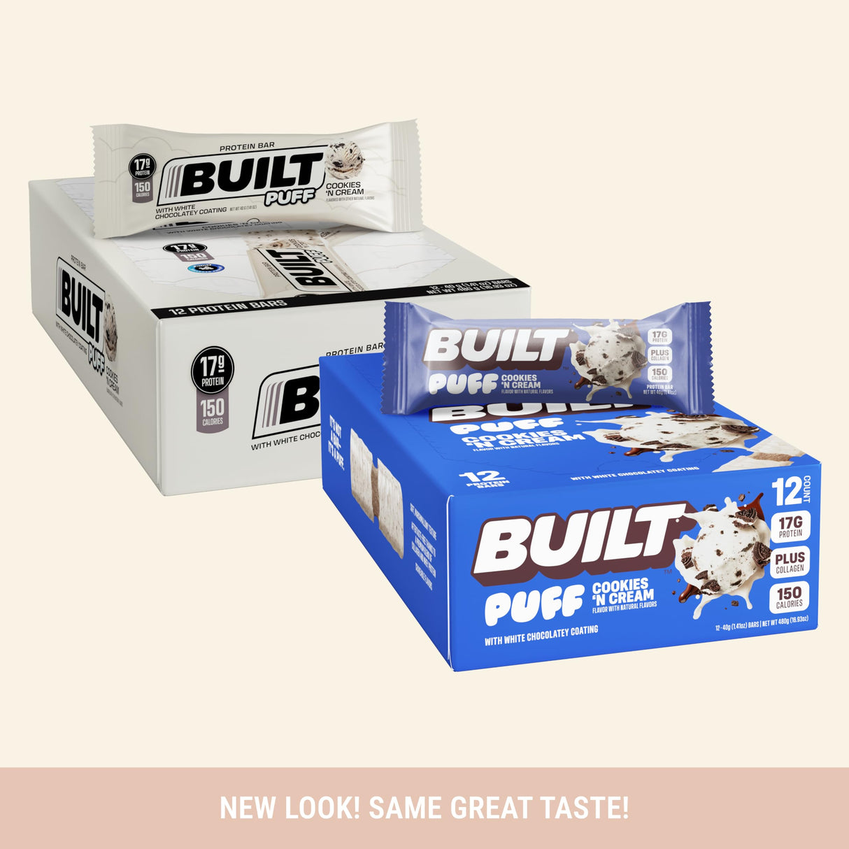 Built Bar, Puff Protein Bars, Cookies 'N Cream Puff, 17g Protein Snacks, On-The-Go Bars, Only 140 Calories, 7g Sugar, Collagen, Not Gluten Free, 12 Count