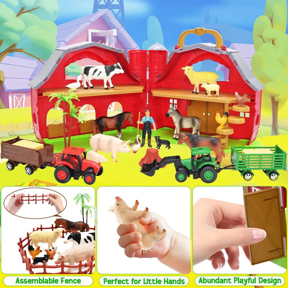 BOLZRA Farm Animals Big Red Barn Toy for 1 2 3 4 5 Years Old Toddlers, Kids Farm Figures Fence Playset with Tractor, Preschool Montessori Learning Toys, Christmas Birthday Easter Gift for Boys Girls