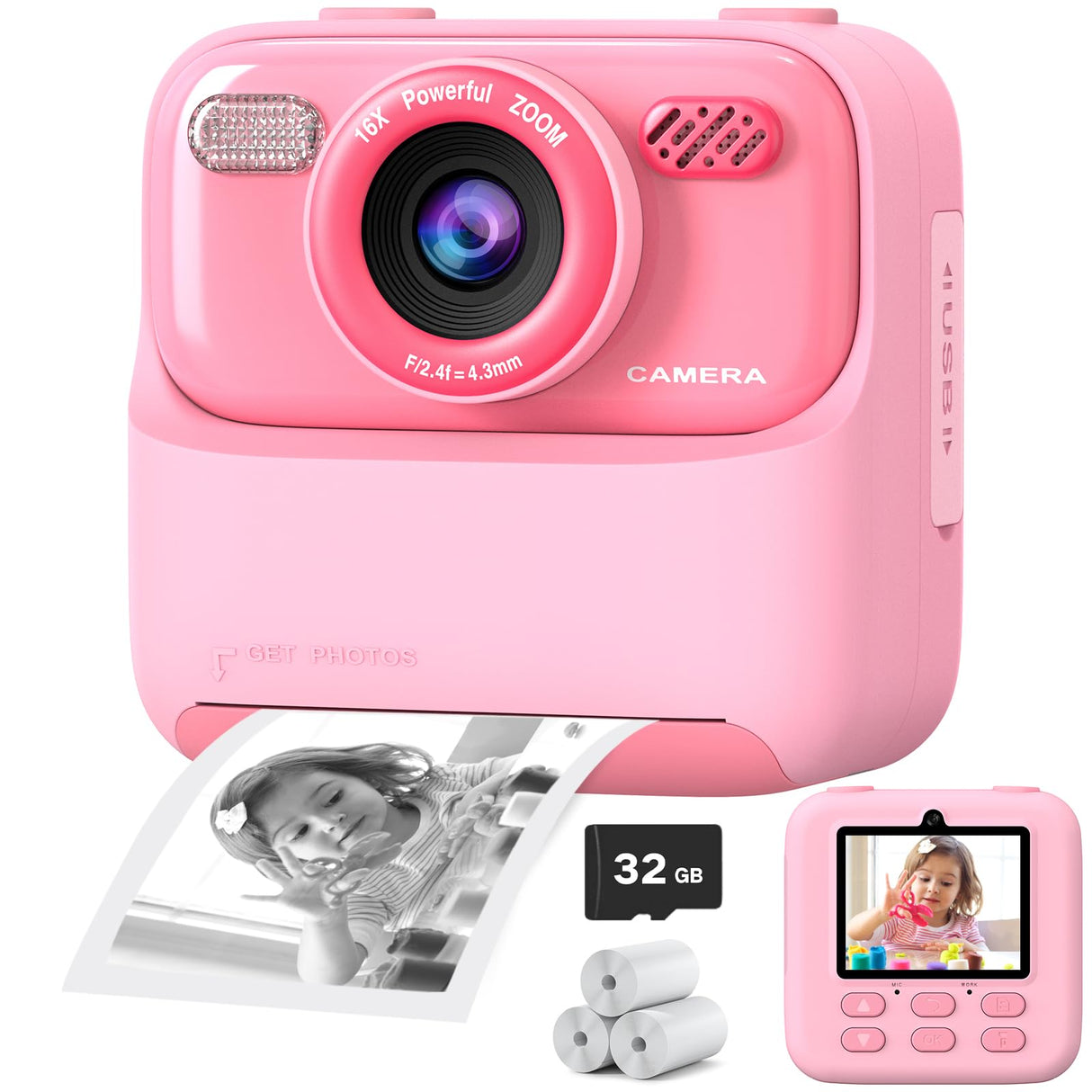 Kids Instant Digital Cameras for Boys and Girls, 1080P HD Dual-Lens Selfie Digital Camera with Print Paper & 32G Card, Christmas Birthday Gifts Toys for Toddler and Teenagers Age 3-16 Years Old