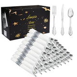 Liacere 400PCS Silver Plastic Silverware - Pre Rolled Napkins Disposable Silver Cutlery-Premium Quality Gold Plastic Utensils - Includes 100Forks,100Knives,100Spoons,100Napkins&Christmas