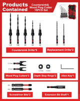EZARC Countersink Drill Bit Set, 15 PCS Tapered Drill Bits Counter Sink Drill Bit with 2PCS Wood Plug Cutter 1/4" Hex Shank Quick Change for Woodworking with Storage Box