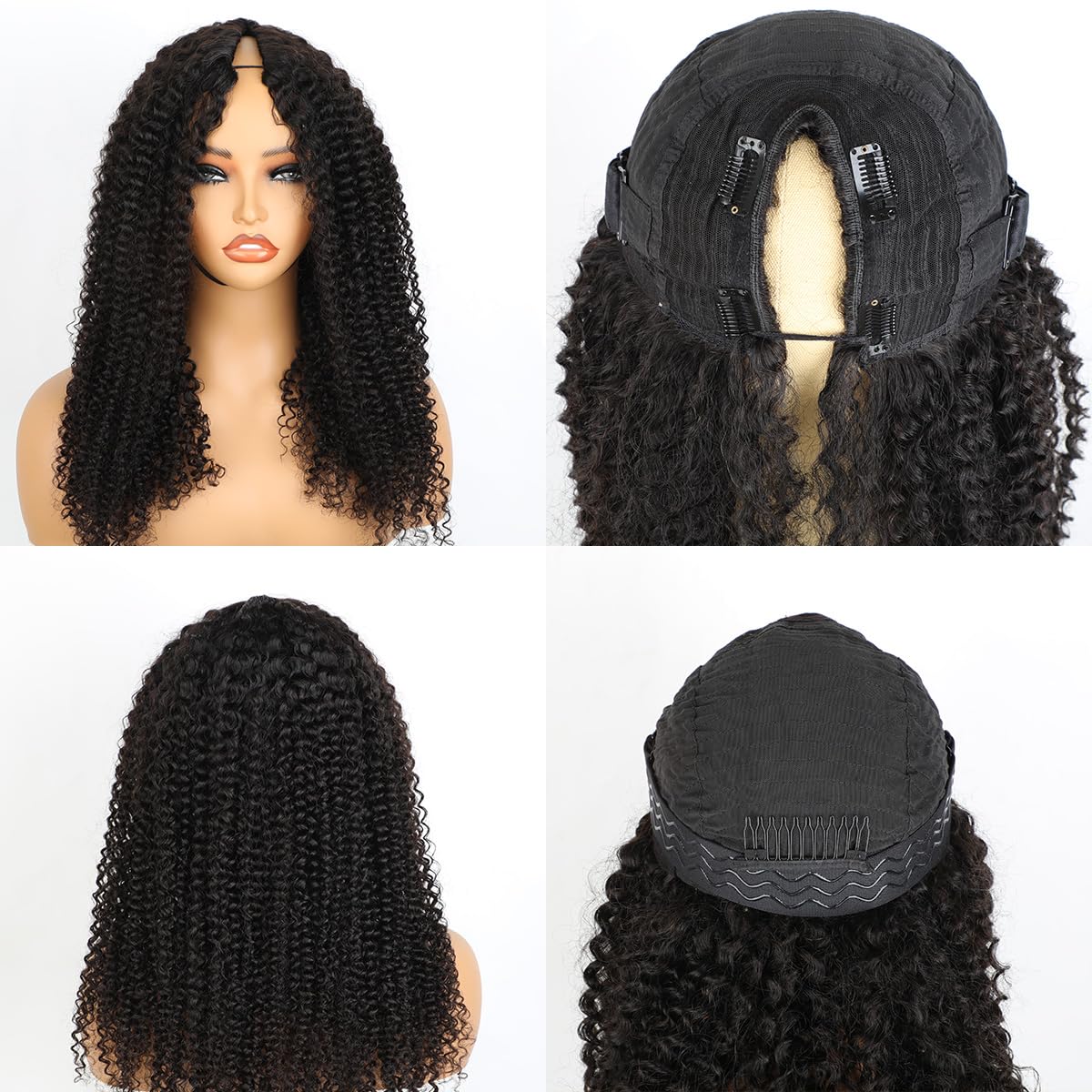 Domiso Curly V Part Wig Human Hair Upgrade U Part Wigs Human Hair Wigs for Black Women Human Hair Glueless V Shape Wigs Kinky Curly Wigs No Leave Out 180% Density Natural Color 18 Inch