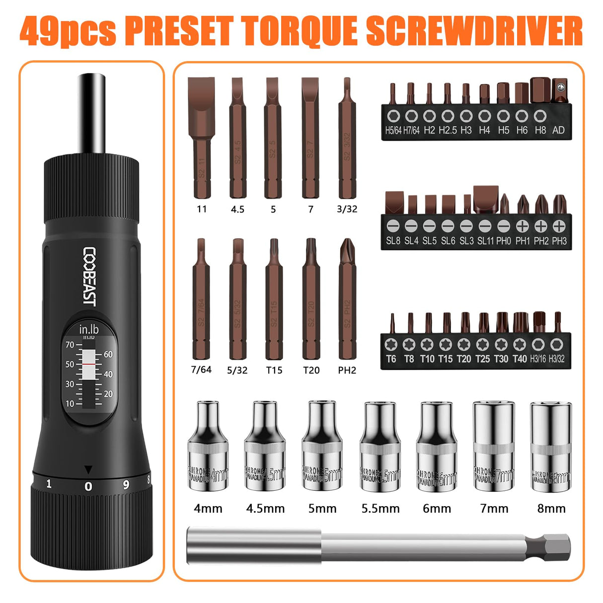 coobeast 49 Pcs Torque Screwdriver 10-70 Inch Pound Torque Screwdriver Set with S2 Bits & Sockets, 1/4” Drive Torque Wrench Screwdriver Set for Maintenance, Tools, Bike Repairing and Mounting