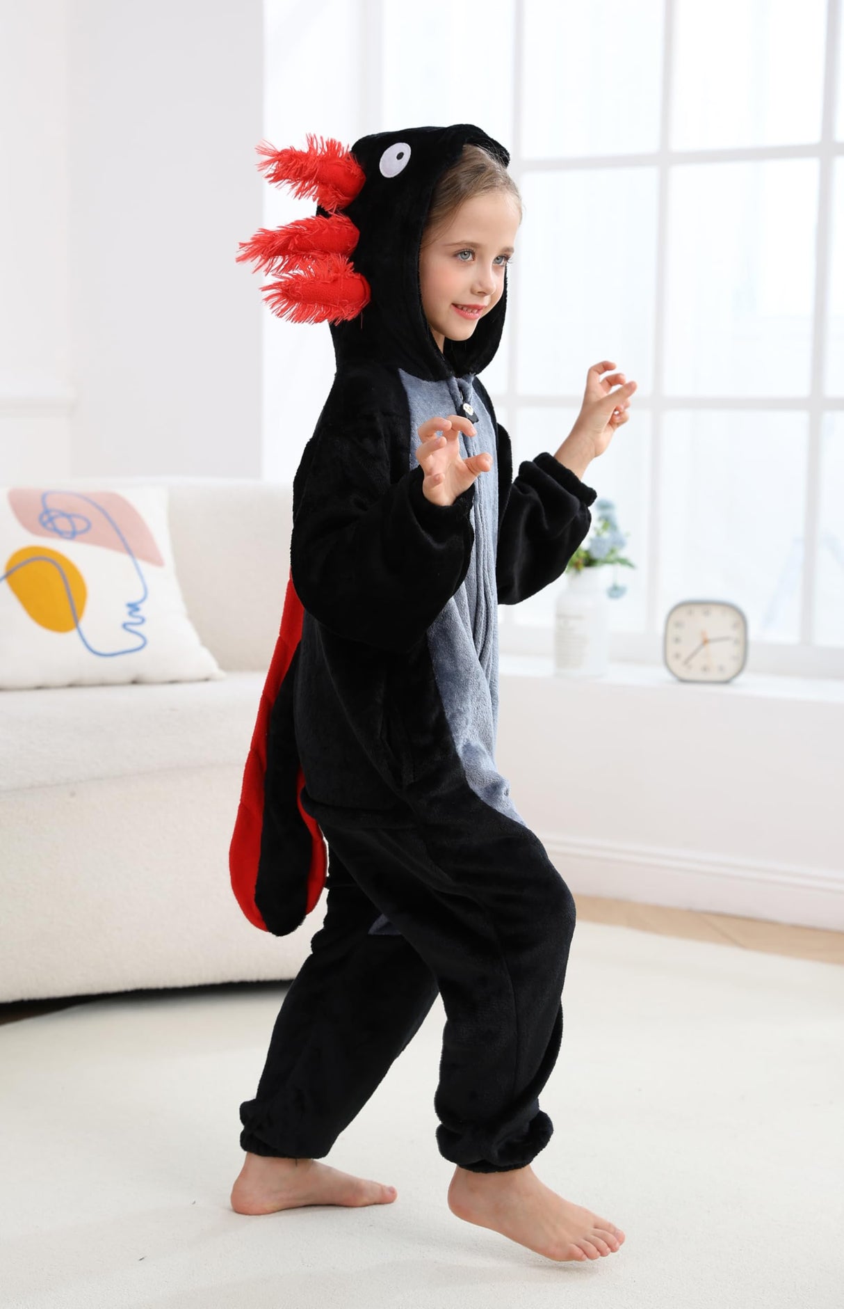 CuteOn Black-Red Axolotl Onesie Kids Animal Pajamas for Boys Girls Halloween Christmas Costume Cosplay Sleepwear Height for 140cm