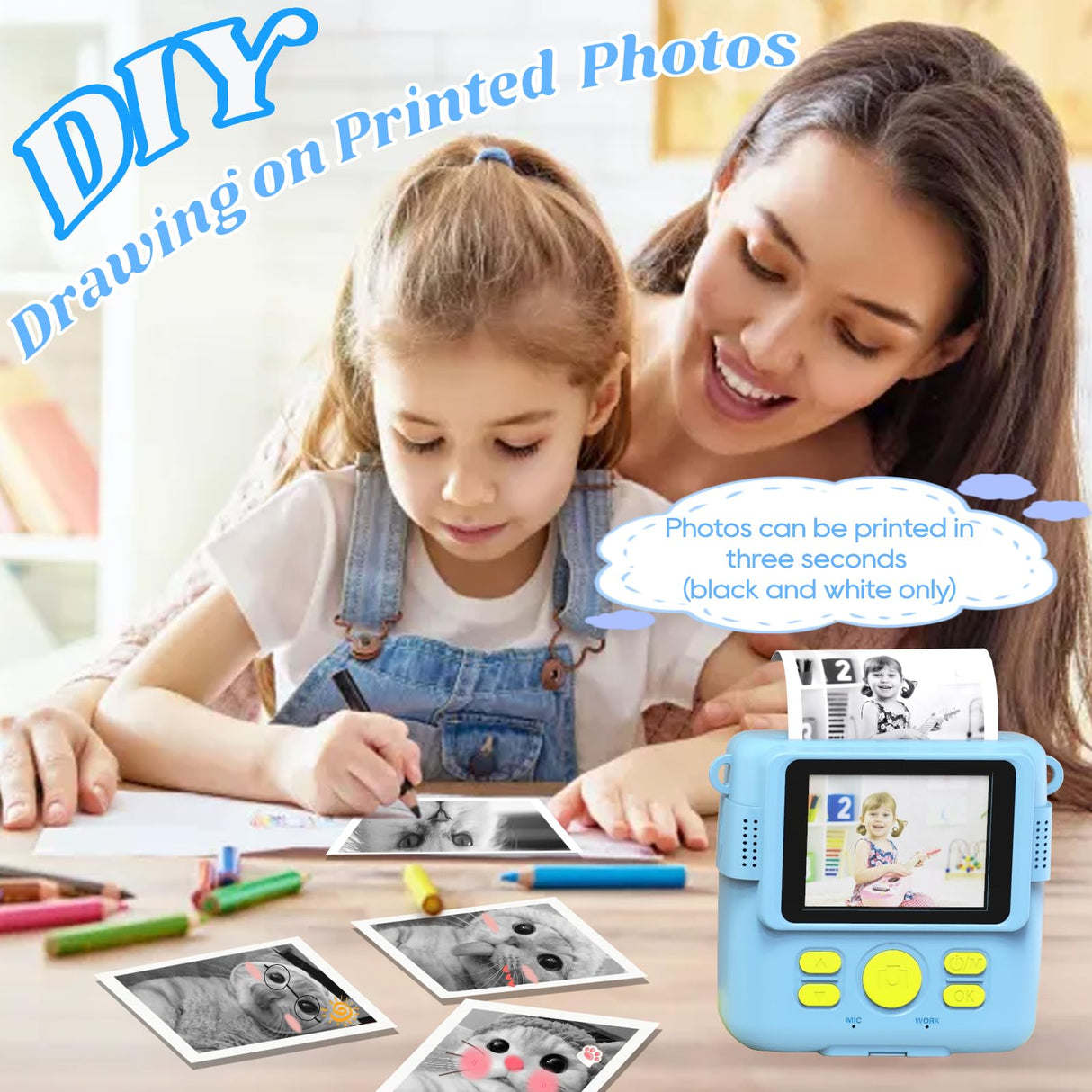 Instant Print Camera for Kids with 3 Rolls of Printer Paper, 1080P Toddler Digital Camera Toys for Age 3-12 with 32GB SD Card, Christmas & Birthday Gifts for 3 4 5 6 7 8 Year Old Girls & Boys (Blue)