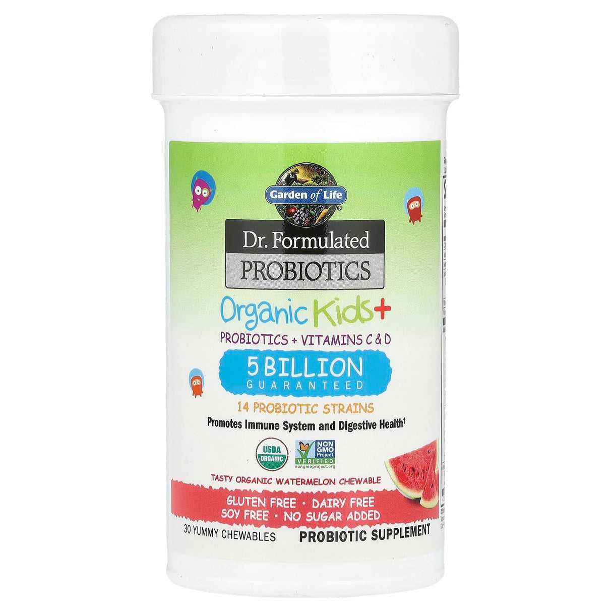 Garden of Life Dr. Formulated Probiotics Organic Kids+ plus Vitamin C & D - Watermelon - Gluten, Dairy & Soy Free Immune & Digestive Health Supplement, No Added Sugar, 30 Chewables (Shelf Stable)