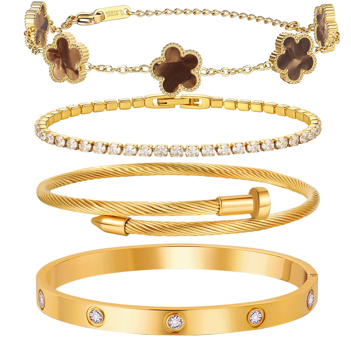 MVCOLEDY 18 K Gold Plated Love Bracelet Stack for Women 4-Piece Bracelet with Synthetic Shell Floral Clover Chain, Tennis Chain and Crystal Gold Bangle, Love Bracelet Design Gift Jewelry for Valentines Mother's Day (Brown)
