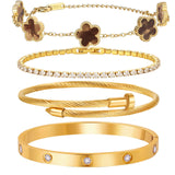 MVCOLEDY 18 K Gold Plated Love Bracelet Stack for Women 4-Piece Bracelet with Synthetic Shell Floral Clover Chain, Tennis Chain and Crystal Gold Bangle, Love Bracelet Design Gift Jewelry for Valentines Mother's Day (Brown)
