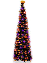 Timer - 6 Ft 60 LED Tinsel Halloween Tree Decor with Orange & Purple Lights 8 Modes Black Christmas Tree Pumpkin Battery Operated Pop Up Artificial Tree Indoor Outdoor Decorations