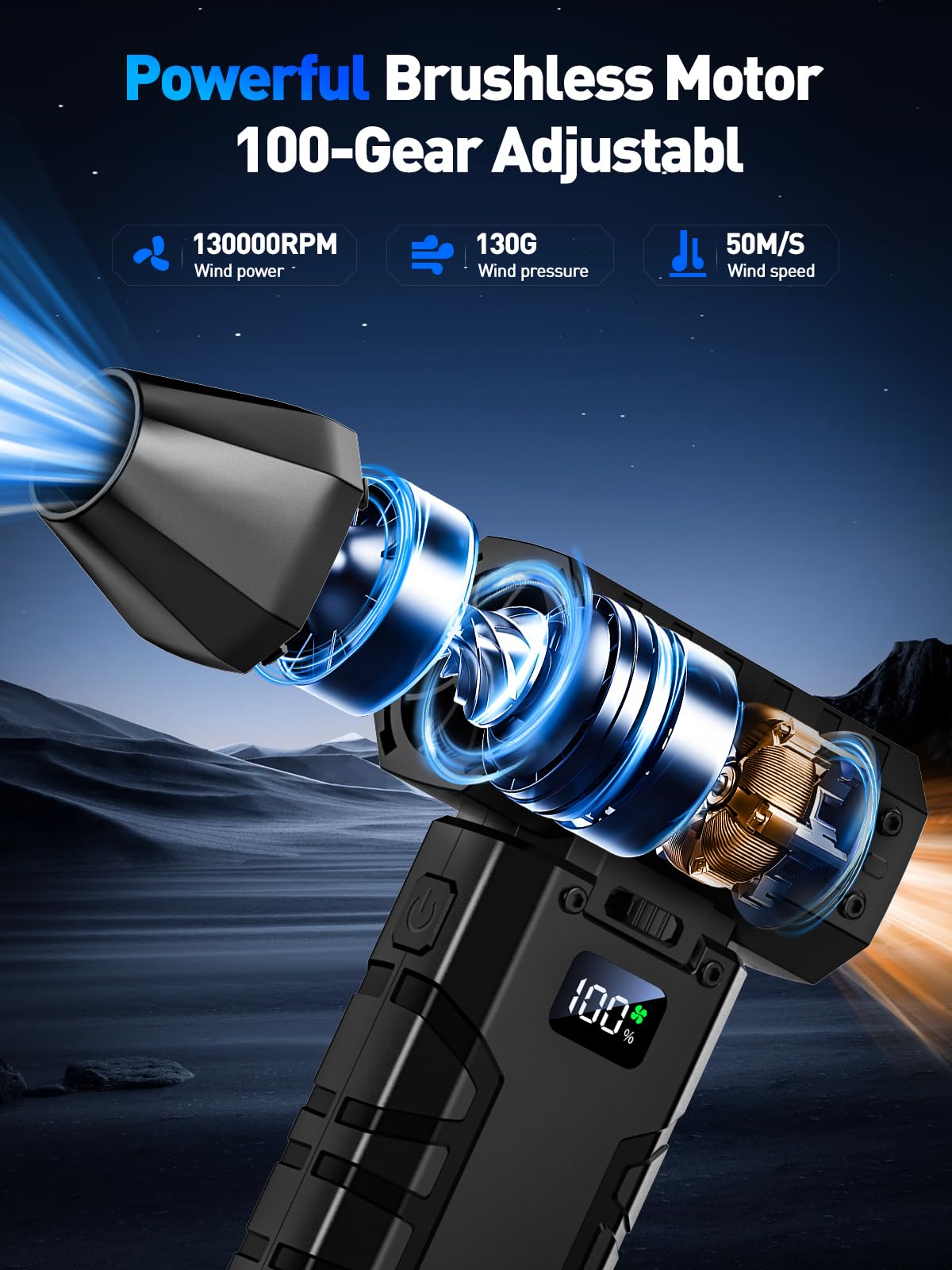 Compressed Air Duster 130000RPM Electric Duster with LED Light, 100 Gear Adjustable Rechargeable Cordless Air Blower Cleaning Tool for Keyboard,Electronic Devices,Car, Christmas Gifts for Men,Black