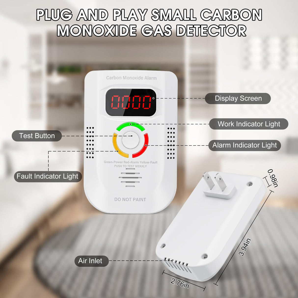 Portable Carbon Monoxide Detectors Plug in for Travel, CO Detector with LED Digital Display, Carbon Monoxide Alarm with Audible and Visual Alarm & Test Mute Button, CO Gas Monitor for Home/Hotel