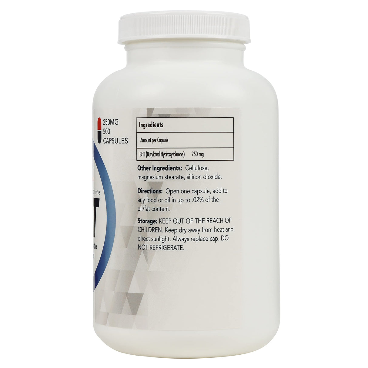 Wholesale Nutrition BHT 250mg - 500 Capsules - Potent Antioxidant Support as Butylated Hydroxytoluene, Food Grade Preservative, Non-GMO, Gluten-Free