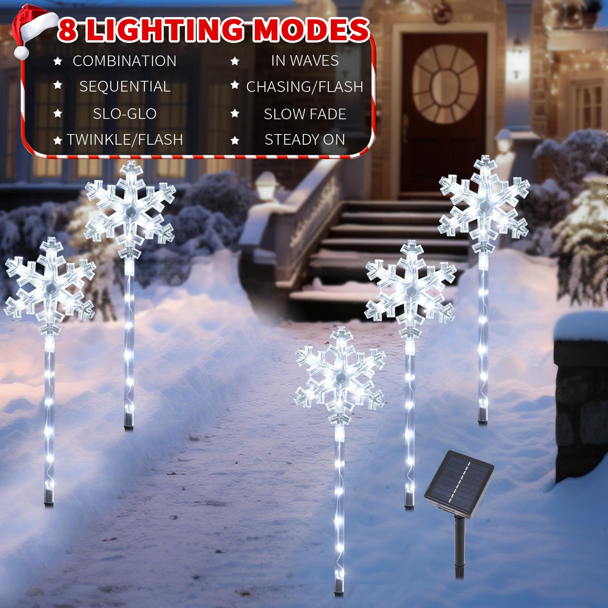 Solar Christmas Snowflake Pathway Lights, Set of 5 Outdoor Garden Lights Decorations，Waterproof Stake Decorative Light for Yard Lawn Porch Walkway Decor (Cool White, 5 Pack)