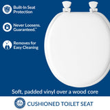 Mayfair Padded Toilet Seat, Cushioned Soft Vinyl over Wood Core Seat, Secure Hinges, Easy Clean, Made in USA, Round, White