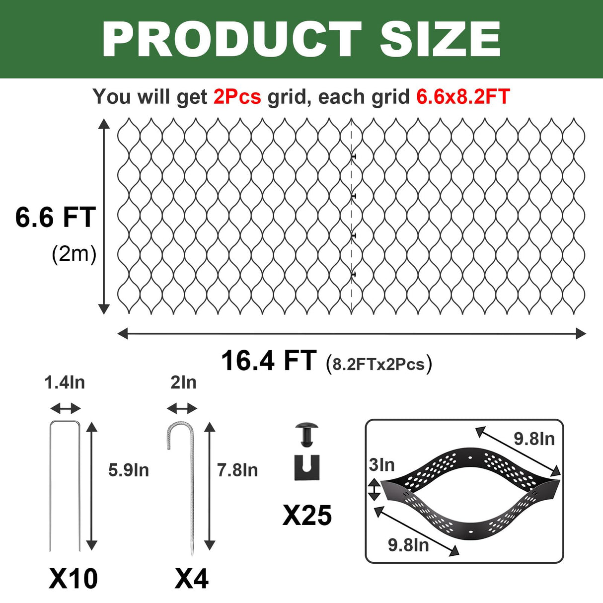 Gravel Grid 3'' Depth with Metal Stakes, 6.6x16.4 FT Geogrid for Gravel Driveway 2200 lbs per Sq FT Erosion Control Ground Grid Gravel Stabilizer Grid for Driveway, Parking Lot, Slope, Walkway, Patio