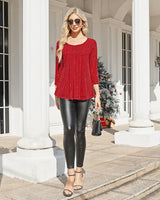 VALOLIA Women Blouses 3/4 Sleeve: Dressy - Sparkly Tops for Women - Ladies Christmas Flattering Blouse V Neck Casual Tunic Tops Loose Fit Layered Flowy Elegant Shirt Red XX-Large