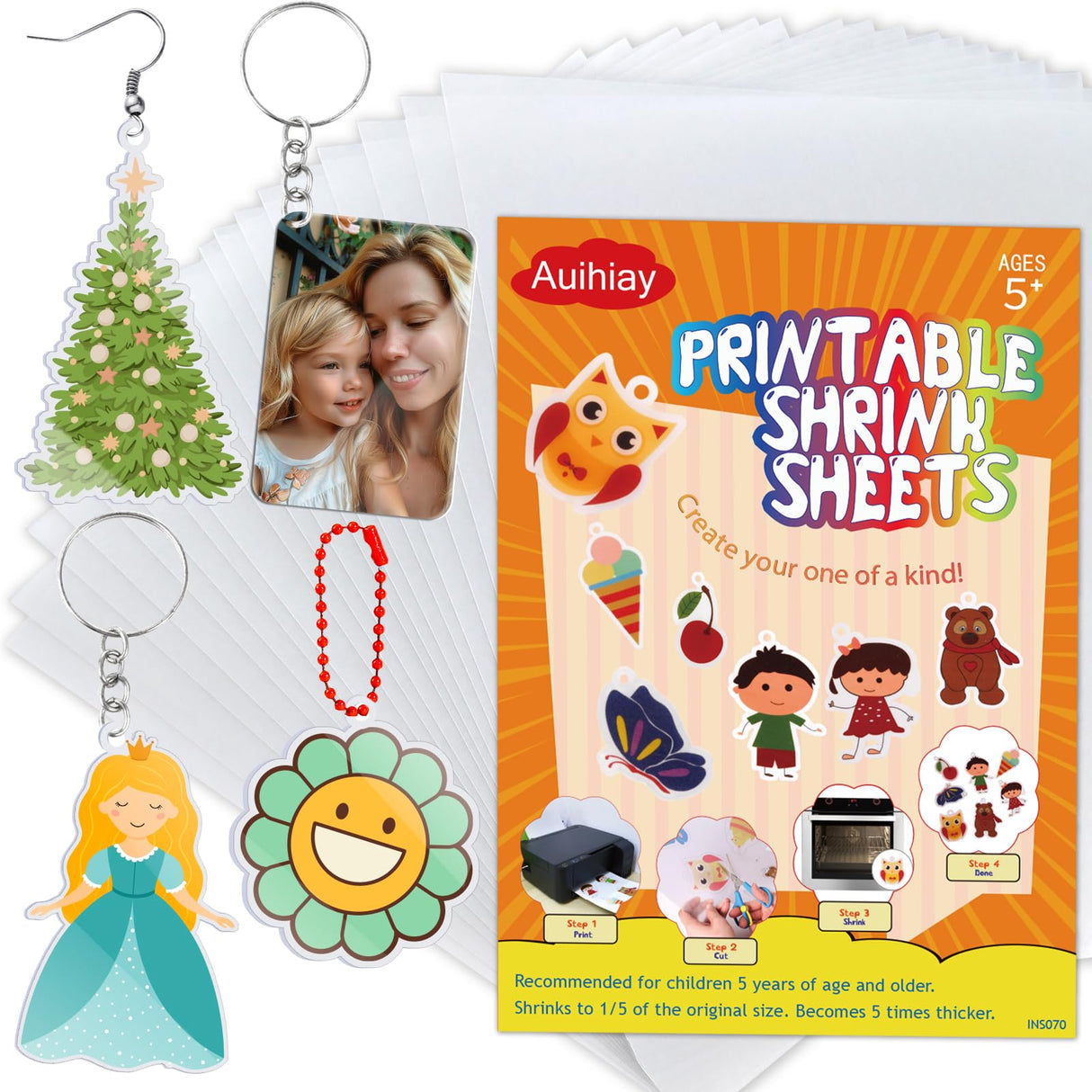 Auihiay 24 Sheets Printable Shrink Dink Sheets, Semi-Transparent Shrinky Films Papers for Inkjet Printer, Printable Shrinky Plastic for DIY Crafts Gifts and Keychain Making Christmas Ornament