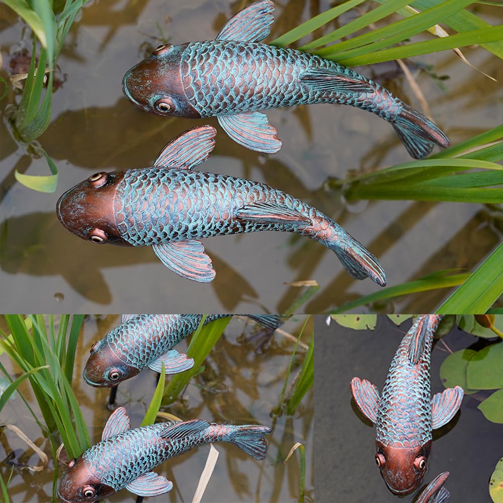 VKEVOC Set of 2 Antique Koi Fish Statue, Outdoor Garden Sculpture for Patio, Backyard, Pond, and Home Decor
