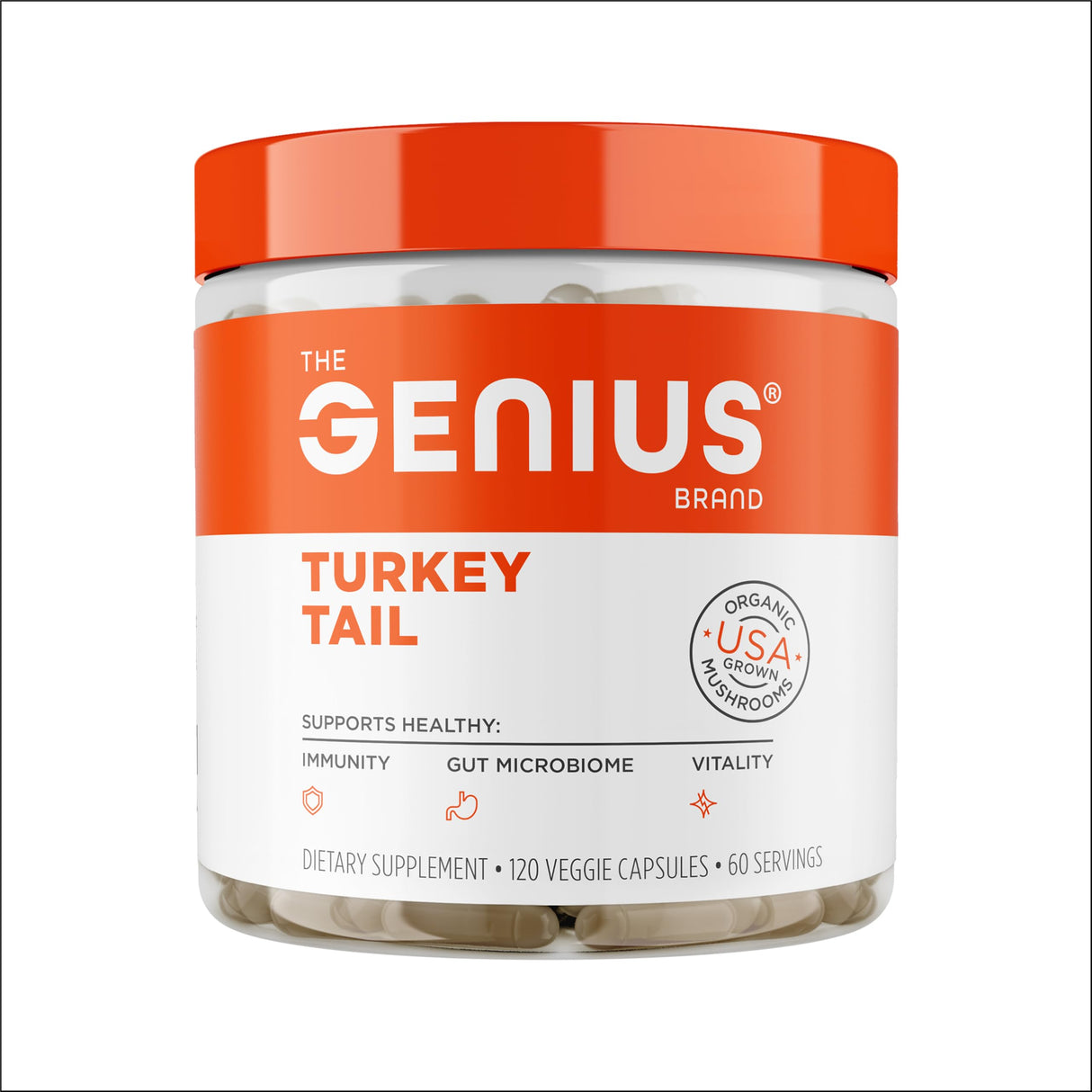 The Genius Brand Genius Turkey Tail - Plant-Based Supplement for Immune, Gut & Antioxidant Support - Organic & Non-GMO - 120 Veggie Capsules