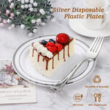 BESTVIP 100PCS 7 Inch Silver Plastic Dessert Plates, Disposable Plate with Silver Rim for Salad/Samll Cakes, Heavy Duty Plates for Party, Wedding and Birthday, Events, Christmas, Thanksgiving