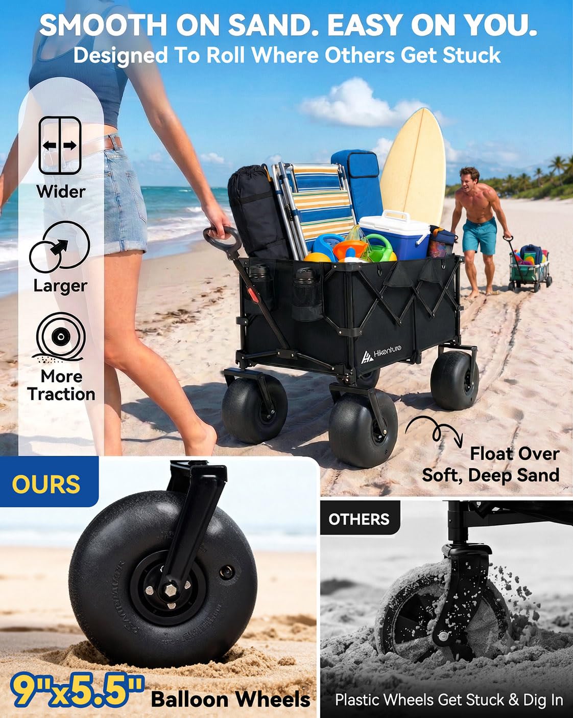 Hikenture Beach Wagon with Balloon Wheels, 9" PU Tires Collapsible Wagon