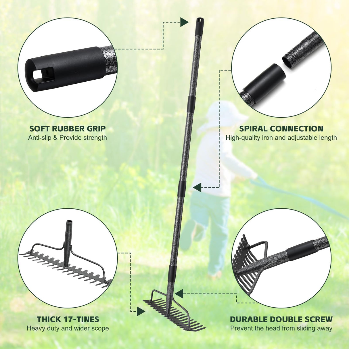 JAOTREL 49'' Bow Rake Heavy Duty Garden Rake with Stainless Steel Handle, Tines Metal Head Rake Tool for Loosening Soil Gathering Leaf Leveling Lawn Farming Land Management Yarn Thatch Rake