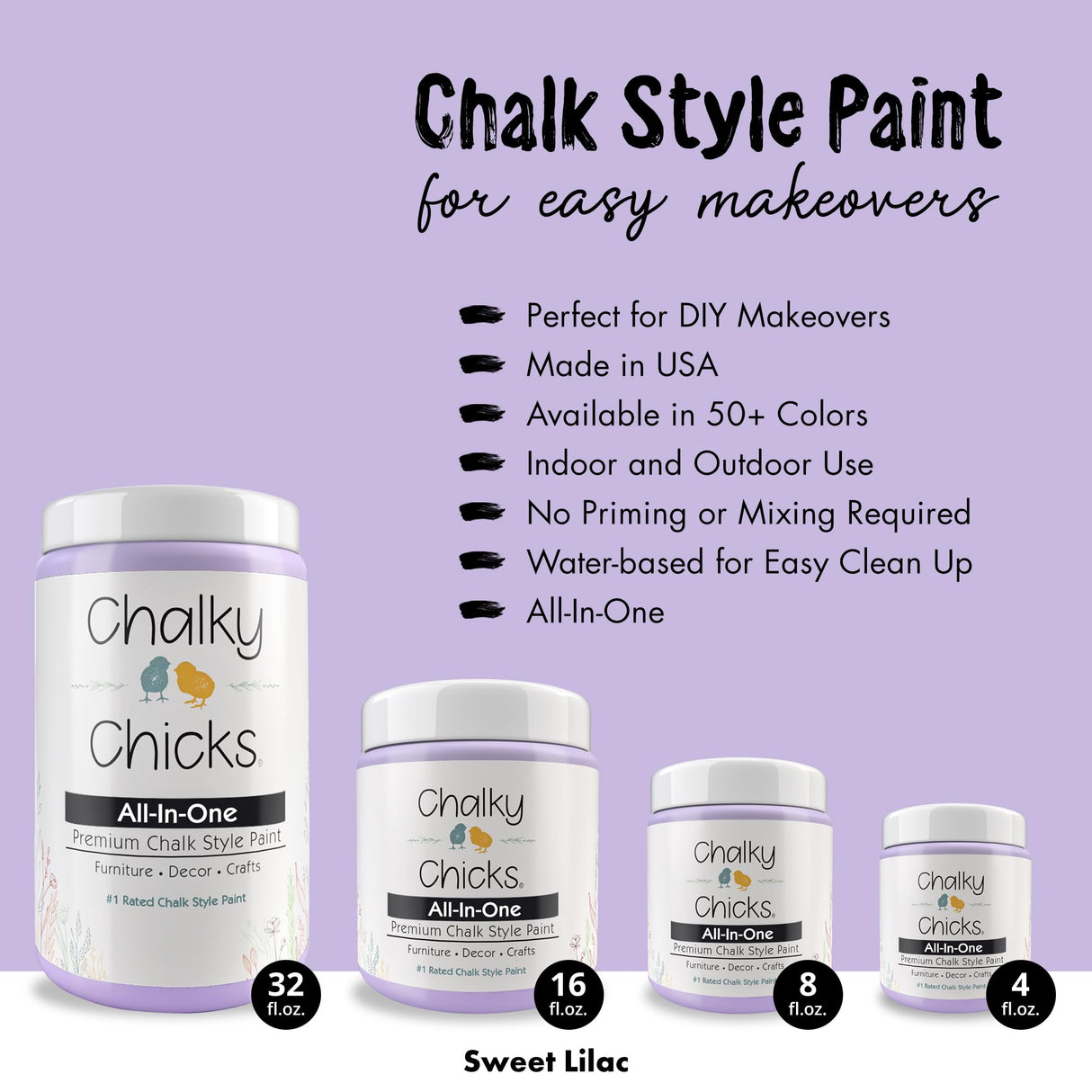 Chalky Chicks 4 Fl Oz Matte Sweet Lilac (Light Purple) Chalk Paint for Furniture Without Sanding - No Prep Furniture Paint No Sanding All in One for Crafts, Wood, Cabinet, Metal, Dresser, Farmhouse