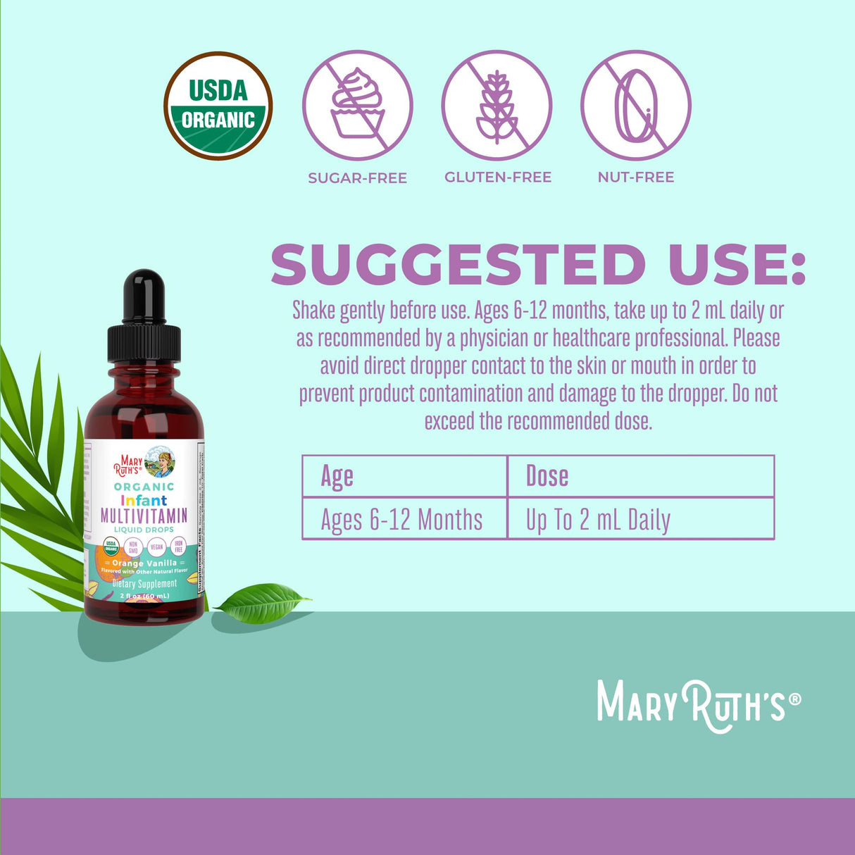 MaryRuth Organics Multivitamin for Infants | USDA Organic | Multivitamin Liquid Drops for Babies 6-12 Months | Immune Support & Overall Wellness | Vegan | Non-GMO | Gluten Free | 2 Fl Oz