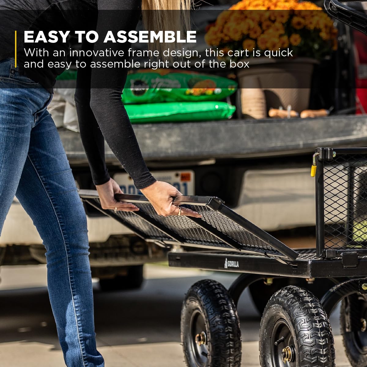 Gorilla Carts Steel Utility Cart, 4 Cu Ft Bed, 900 lb Load Capacity, Black – Towable Heavy-Duty Outdoor Hauling Wagon with Removable Side Panels for Yard, Lawn, Garden or Landscaping
