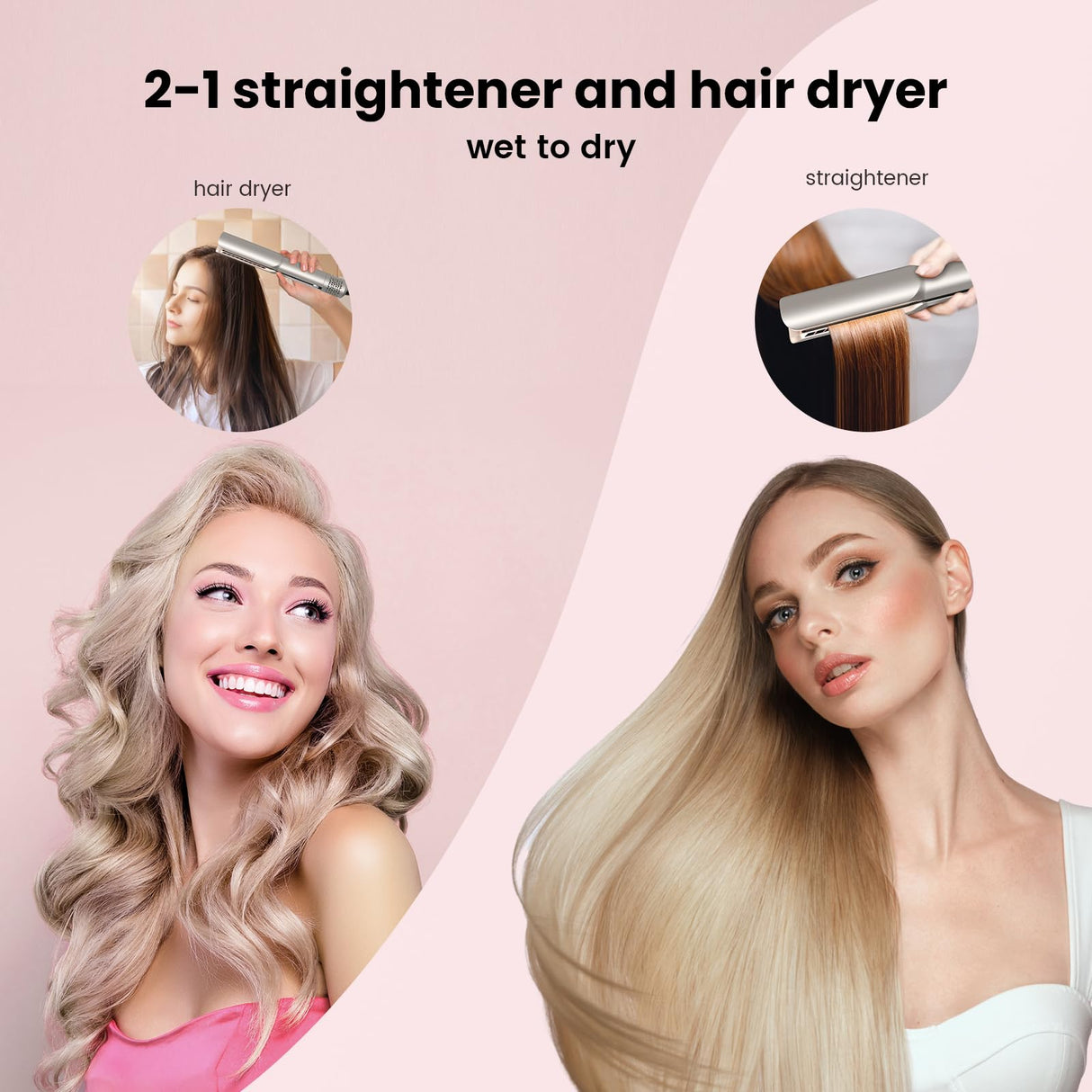 Hair Straightener - 2 in 1 Wet to Dry Hair Dryer and Straightener with High-Speed Airflow + Rapid Heat-Up + Customizable Temperature + LCD Display & Auto Shut-Off + No Heat Damage for All Hair Types