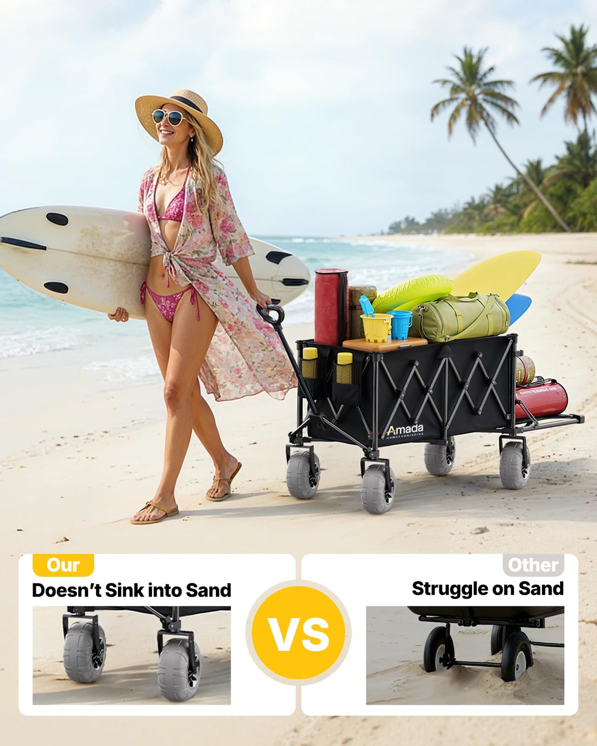 Beach Wagon with Big Wheels for Sand, 260L Capacity, Heavy Duty All-Terrain Folding Wagon with Expandable Rear, Durable Carbon Steel Frame & Big 8.3" Wheels for Beach, Outdoor & Camping Activities