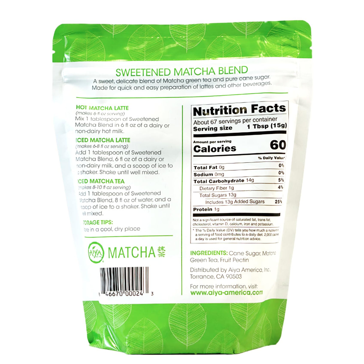 Aiya Sweetened Matcha Blend Powder - Matcha Latte Powder With Antioxidant-Rich Japanese Green Tea & Pure Cane Sugar - Ideal for Smoothies, Lattes, and Culinary Creations - 1kg Bag (2.2 lbs)