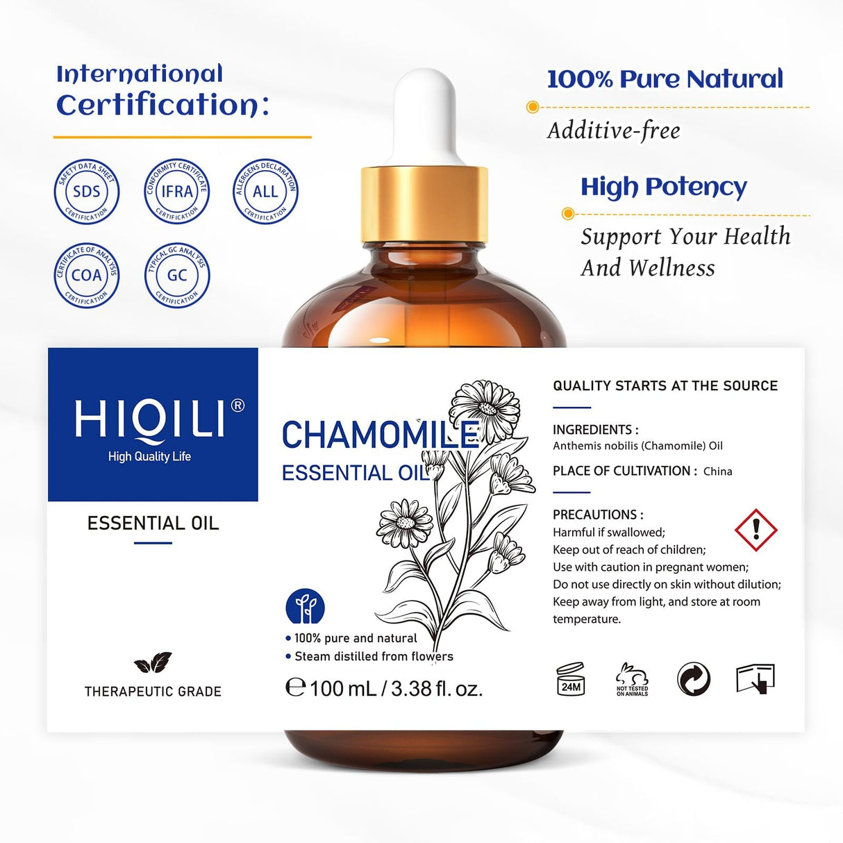 HIQILI 100ML Chamomile Essential Oil, Pure & Natural Chamomile Oil for Diffueser, Skin, Soap, Shampoo - 3.38 Fl Oz
