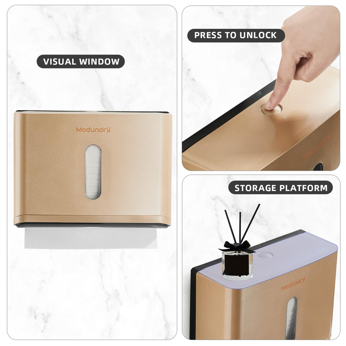 Paper Towel Dispensers Wall Mount: Multifold Z-Fold Paper Towel Holder, No Drilling Install, Compact Hand Towel Dispenser for Home Bathroom, Restroom, Office, Gold