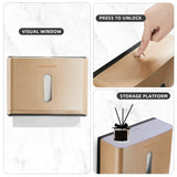 Paper Towel Dispensers Wall Mount: Multifold Z-Fold Paper Towel Holder, No Drilling Install, Compact Hand Towel Dispenser for Home Bathroom, Restroom, Office, Gold