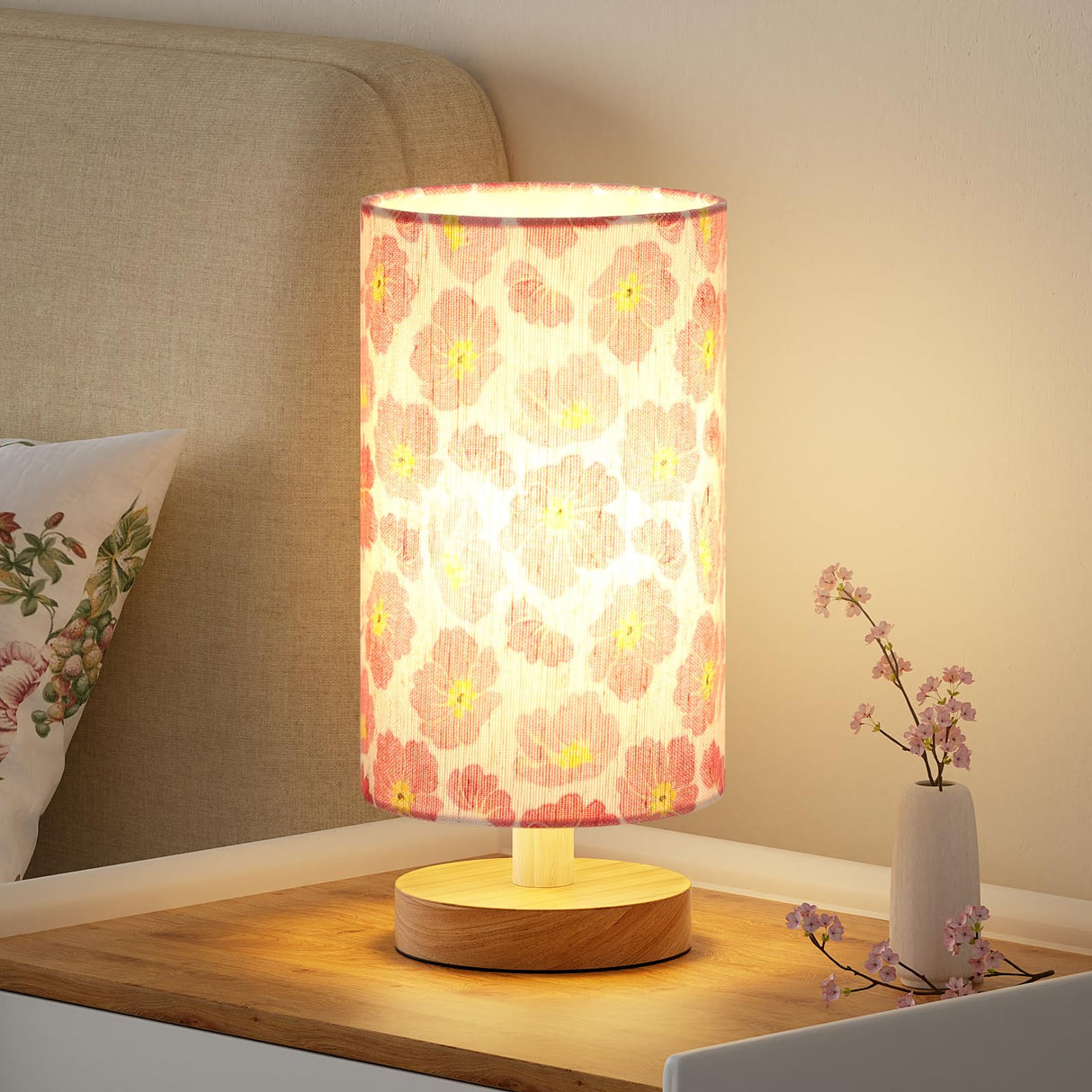 Fenmzee Cherry Table Lamp for Bedroom - Inline Control, Small Bedside Lamp with 3000K A15 LED Blub, Easy Assembly (Cherry Cream Shade, 9" Inline Control)